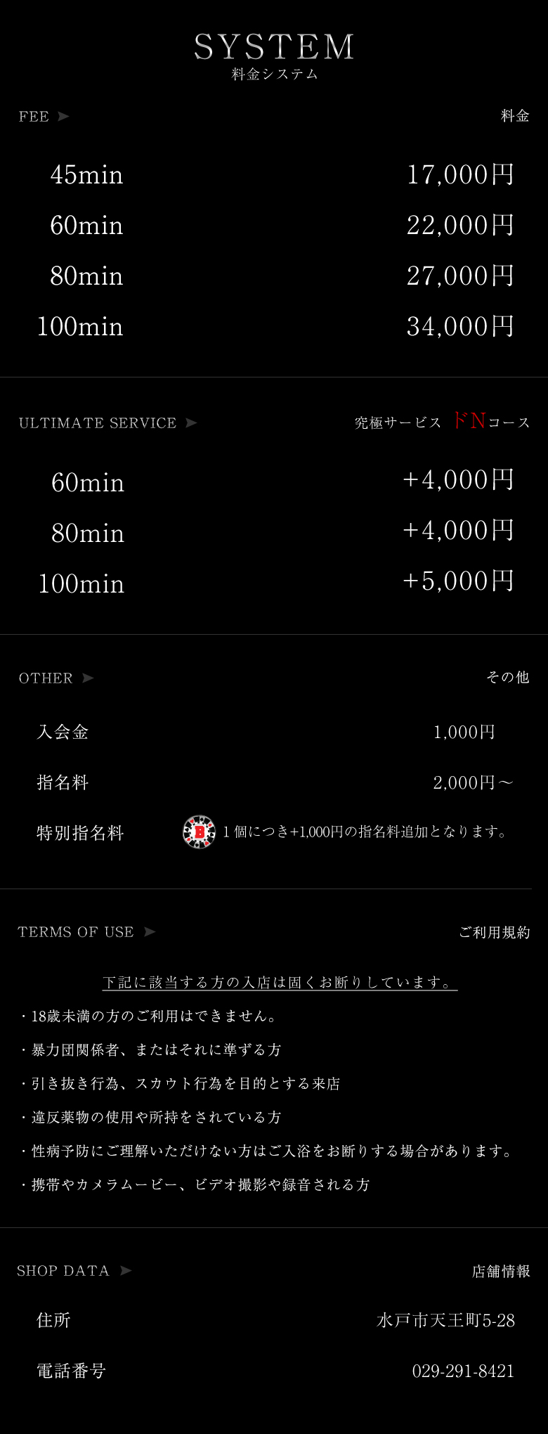 ドMなバニーちゃん 水戸店の料金表