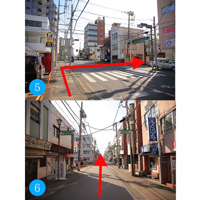 ⑤真っ直ぐ進むと交差点が見えてきます。横断歩道を渡り右の通りに入るときらら通りになります。⑥きらら通りを真っ直ぐ進みます。