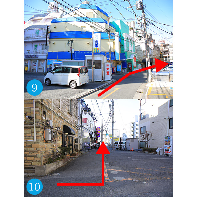 ⑨目印の青い建物を左手に真っ直ぐ進みます。⑩ゴールドクイーン様を過ぎてすぐ左に曲がると当店の看板が見えてきます。