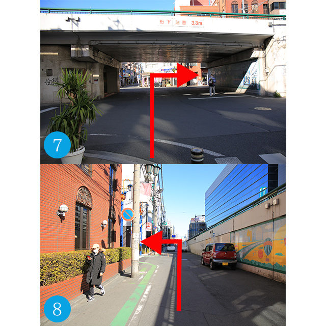 ⑦陸橋をくぐって右に曲がります。⑧曲がってすぐのT字路を左に曲がり、道なりにまっすぐ進みます。青い建物が見えたらソープ街になります。