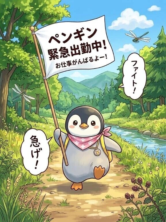 ペンギンさんと一緒に緊急出勤💨