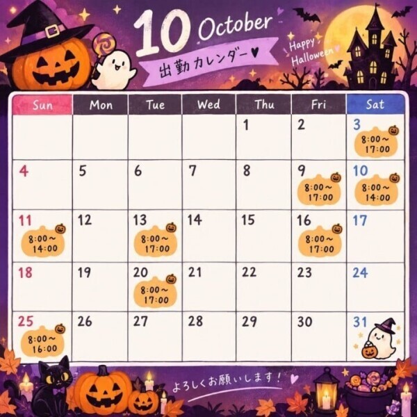 10月は吉原です✨️出勤カレンダー！