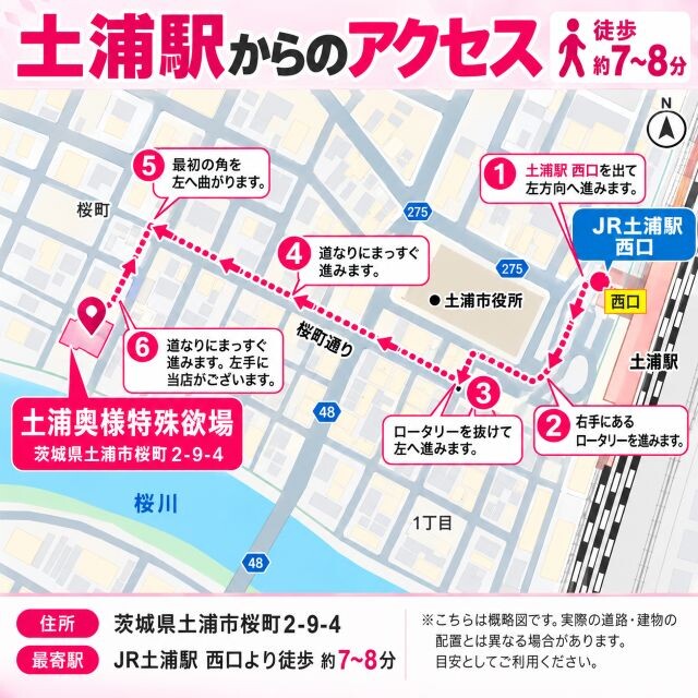 1.土浦駅西口を出て左方向へ進みます
2.右手にあるロータリーを進みます
3.ロータリーを抜けて左へ進みます
4.道なりにまっすぐ
5.ホワイトハウスさんを左方向へ
6.進んで左手