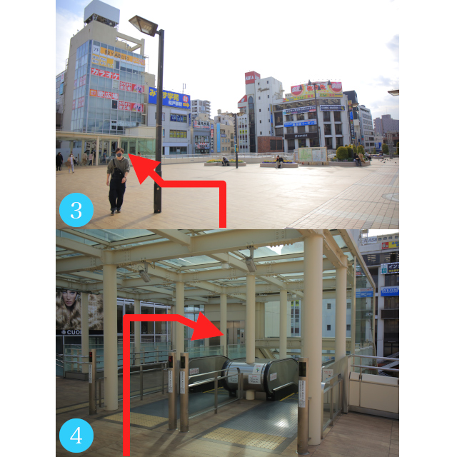 ③広場に出て左に沿って進むとエスカレーターがあります。

④エスカレーターで下に降ります。