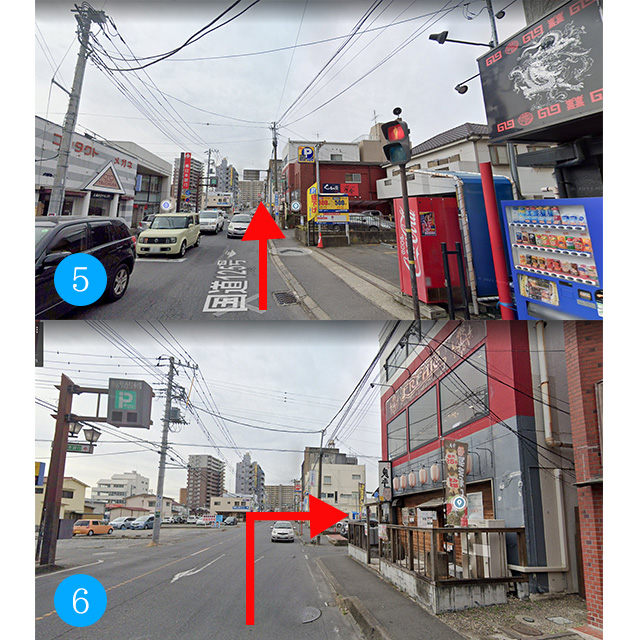 ⑤真っ直ぐ進むと右手に居酒屋さんが見えてきます。⑥その居酒屋さんのビルの脇に路地があるので右折してください。