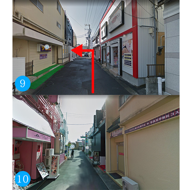 ⑨左折して真っ直ぐ進むと左手に黄色い建物が見えますのでその十字路を左折します。⑩左折するとピンク色の建物が見えてきますのでこちらが当店になります。