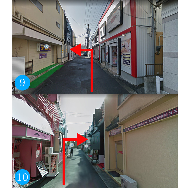 ⑨左折して真っ直ぐ進むと左手に黄色い建物が見えてきます。その十字路を左折します。⑩左折すると黒い建物が見えてきますのでこちらが当店になります。