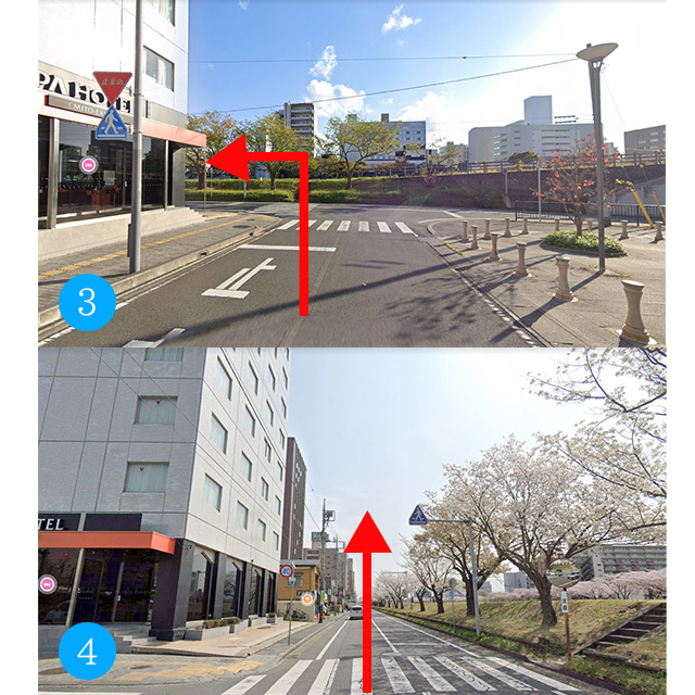 ③アパホテルを左折します。④道なりに真っ直ぐ直進します。
