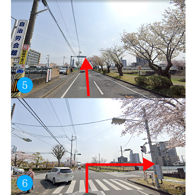 ⑤真っ直ぐ進んでいくと橋が見えてきます。⑥写真の交差点を右折して橋を渡ります。