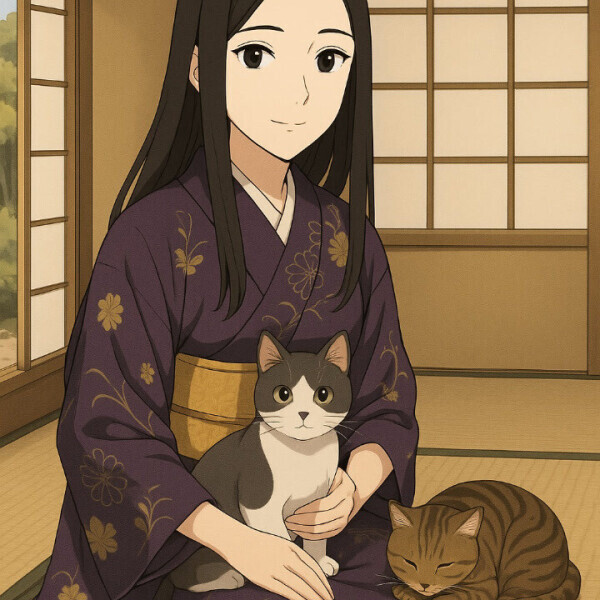 実家の猫たちと和装でいる所をChatGPTに描いてもらいました?
