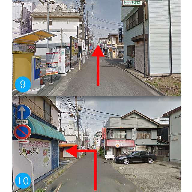 ⑨真っ直ぐ進んでいくと左手に白い壁のソープランドが見えてきますので、そのまま真っ直ぐ直進いたします。⑩真っ直ぐ進んでいくと、左にタバコ屋のT字路が出てきますので左折します。