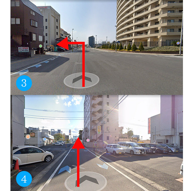 ③クリーム色の大きなマンションが見えてきますので左折します。④真っ直ぐ進むと橋が見えてきます。