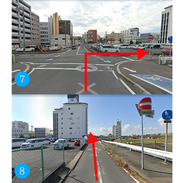 ⑦この十字路を右折します。⑧道なりに真っ直ぐ進みます。