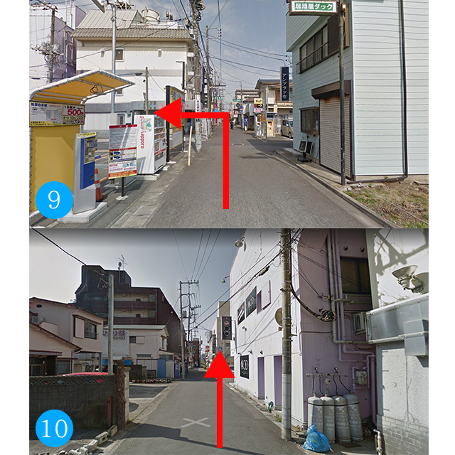 ⑨左手に白い壁のソープランドが見えてきますのでその十字路を左折します。⑩そのまま真っ直ぐ進みます。