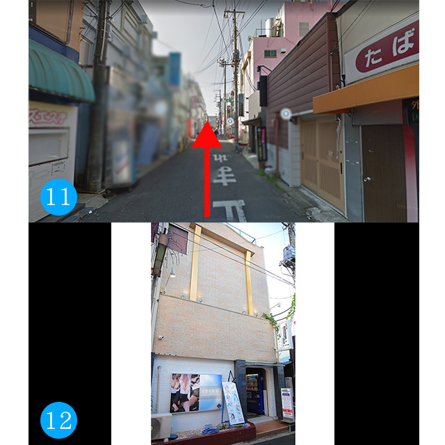 ⑪左折して真っ直ぐ進みます。看板がみえずらいのでお気をつけください。⑫コチラが当店になります。お気軽にお問い合わせください。