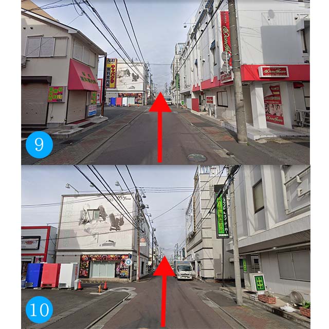 ⑦キャバクラ街を真っ直ぐ進みます。⑧ソープ街を真っ直ぐ進むと、左手に当店が見えてきます。